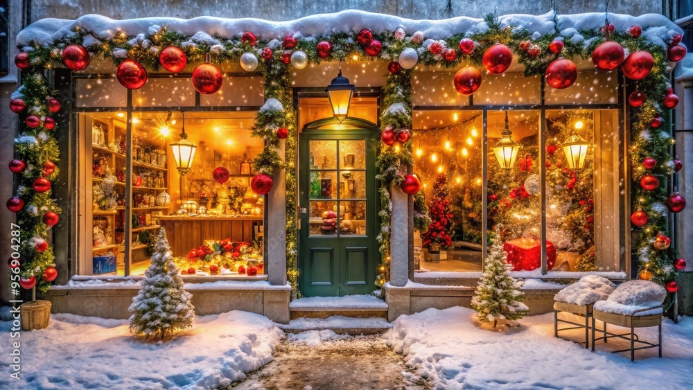 Cozy winter wonderland-themed store front adorned with festive decorations, twinkling lights, and colorful ornaments, showcasing a magical holiday shopping experience. Cozy winter wonderland-themed store front adorned with festive decorations, twinkling lights, and colorful ornaments, showcasing a magical holiday shopping experience.