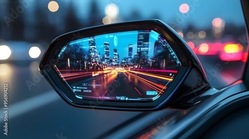 Futuristic Car Mirror with Augmented Reality Display Showing Blind Spot Dangers and Reflective City