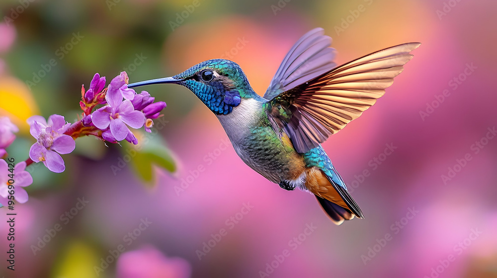 Fototapeta premium Hummingbird in Flight with Pink Flowers - A Photo