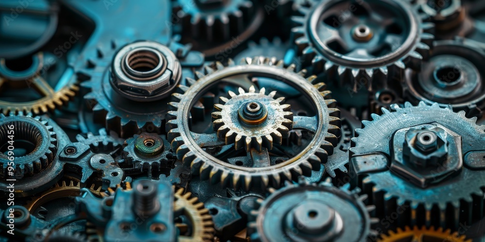 Industrial engineering and technology concept with gears and cogs in a mechanical assembly Industrial engineering and technology concept with gears and cogs in a mechanical assembly