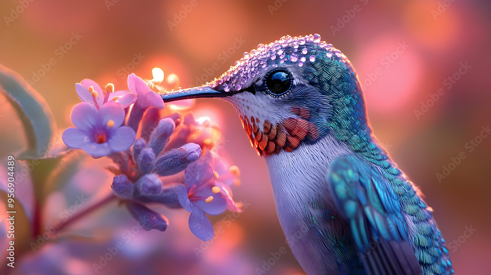 Fototapeta premium Hummingbird with Dew Drops Illustration