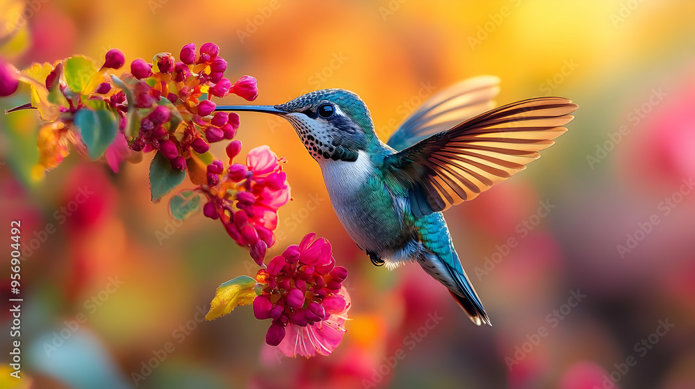 Fototapeta premium Hummingbird Feeding on Pink Flowers Illustration