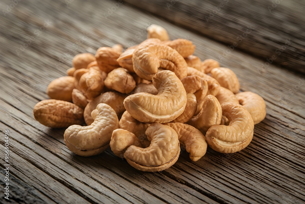 Pile of roasted cashew nuts on rustic wooden surface, golden brown hue contrasts wood Pile of roasted cashew nuts on rustic wooden surface, golden brown hue contrasts wood