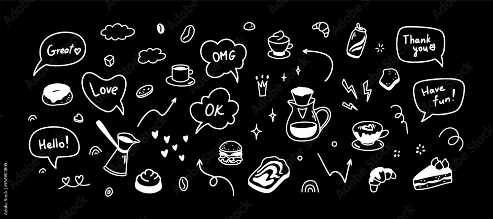 Coffee chalkboard. Hot, cold drinks and desserts in doodle stile. Cute line food elements. Minimalist icons for restaurant, cafe, patisserie, bakery, confectionary, coffeeshop menu Coffee chalkboard. Hot, cold drinks and desserts in doodle stile. Cute line food elements. Minimalist icons for restaurant, cafe, patisserie, bakery, confectionary, coffeeshop menu