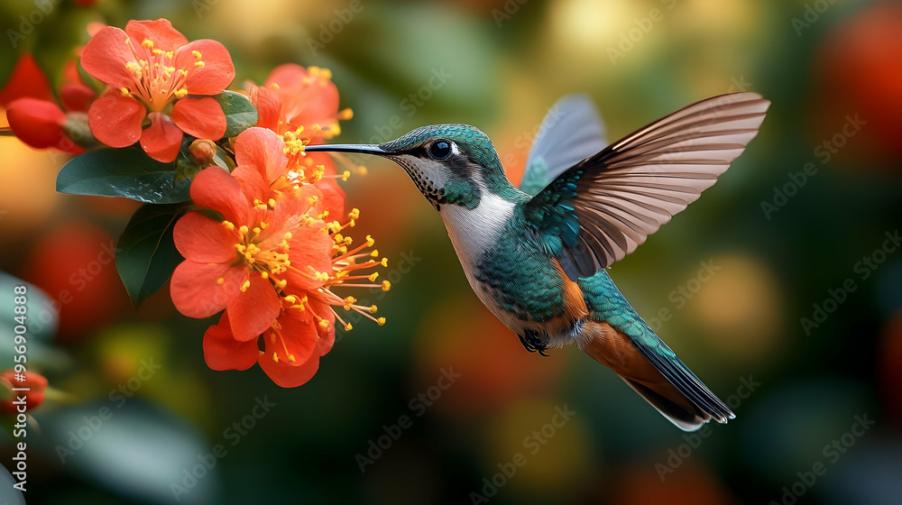 Fototapeta premium Hummingbird Feeding on Red Flowers - Wildlife Photography