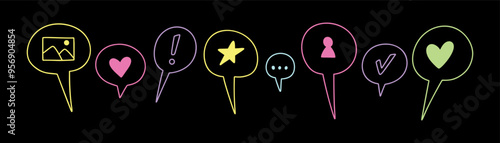 Colorful cute line doodle kid dialog bubbles. School childish text speech box. Social media reaction, like, follow symbols. Neon acid hand drawn elements. Crayon scribble
