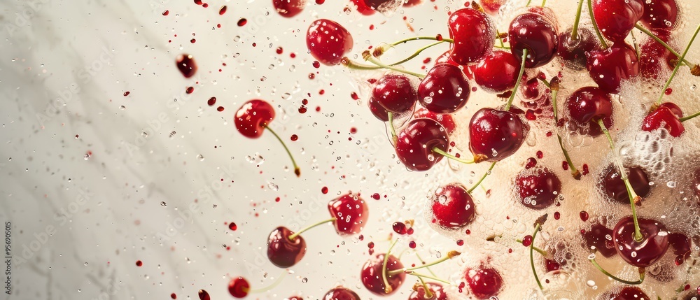 Fresh cherries splashing against a marble surface, showcasing vibrant colors and delightful textures in a visually appealing composition. Fresh cherries splashing against a marble surface, showcasing vibrant colors and delightful textures in a visually appealing composition.