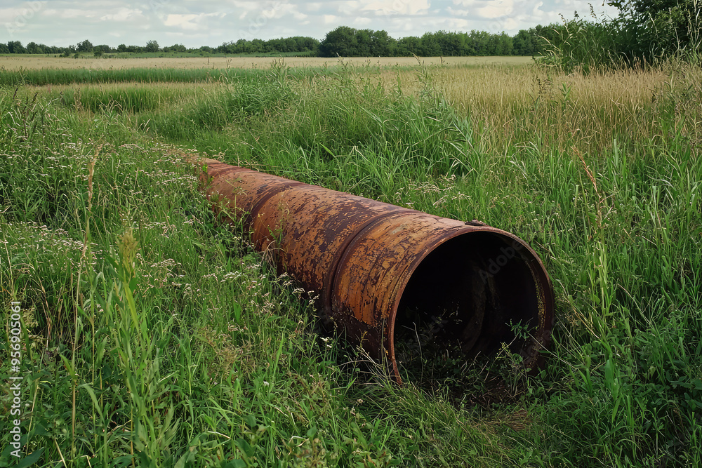 A weathered, rusty metal pipe lies forgotten amidst a field of tall, verdant grass, whispering tales of forgotten uses and time's relentless passage. A weathered, rusty metal pipe lies forgotten amidst a field of tall, verdant grass, whispering tales of forgotten uses and time's relentless passage.