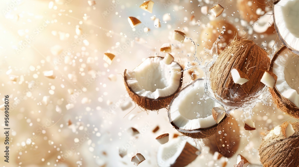 Fresh coconuts burst with water droplets, showcasing the vibrant interior and natural textures, perfect for tropical-themed designs. Fresh coconuts burst with water droplets, showcasing the vibrant interior and natural textures, perfect for tropical-themed designs.