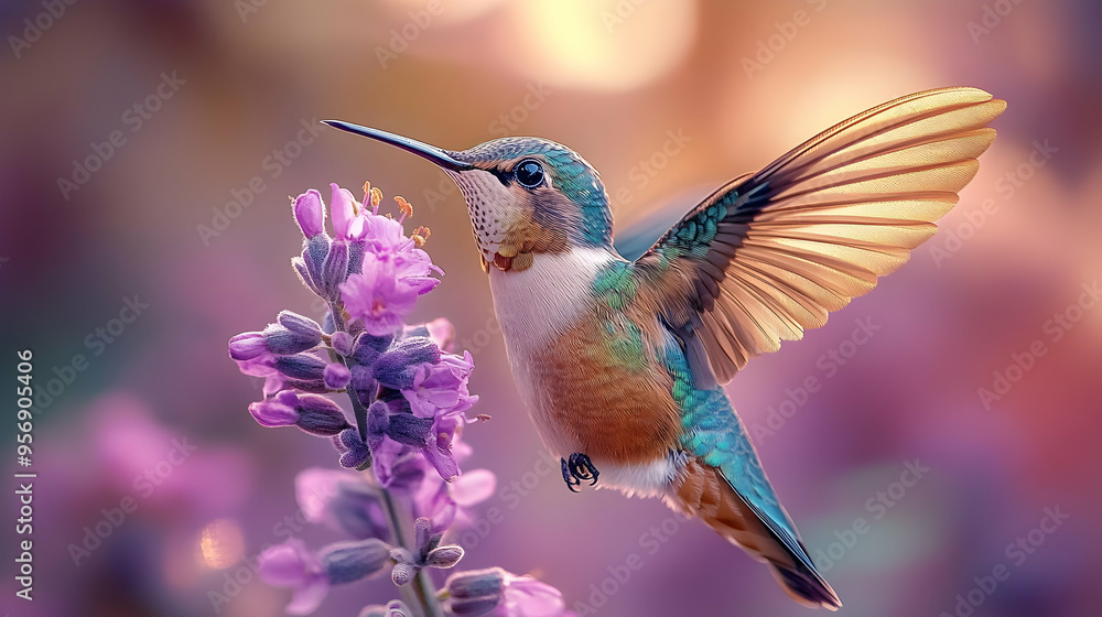 Fototapeta premium Hummingbird in Flight with Purple Flowers Illustration