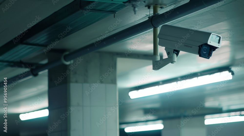 A surveillance camera installed in an underground facility with cold lighting, capturing a sense of watchfulness and industrial functionality. A surveillance camera installed in an underground facility with cold lighting, capturing a sense of watchfulness and industrial functionality.