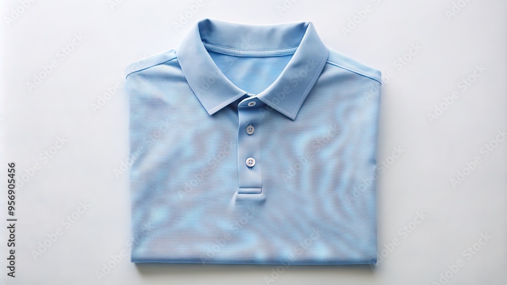 Crisp, collar-up polo shirt in light blue with subtle texture, laid flat on a white background, showcasing its classic, timeless, and versatile fashion appeal. Crisp, collar-up polo shirt in light blue with subtle texture, laid flat on a white background, showcasing its classic, timeless, and versatile fashion appeal.