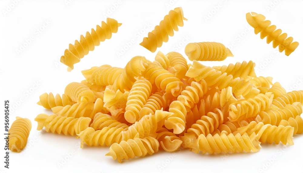 Falling raw Fusilli, Rotini, uncooked Italian Pasta, isolated on white background, full depth of field
Falling raw Fusilli, Rotini, uncooked Italian Pasta, isolated on white background, full depth of field