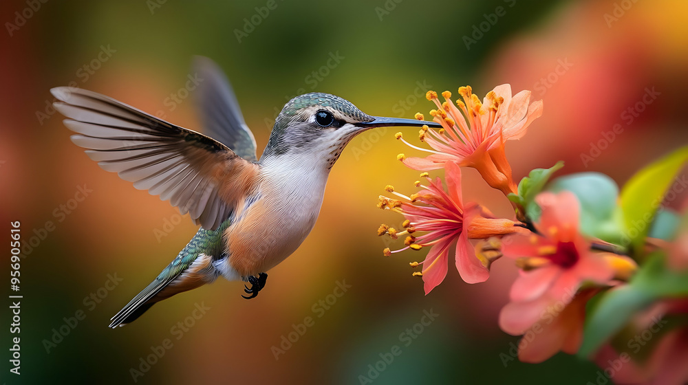 Naklejka premium Hummingbird in Flight, Nectar Feeding on Flower, Realistic Image
