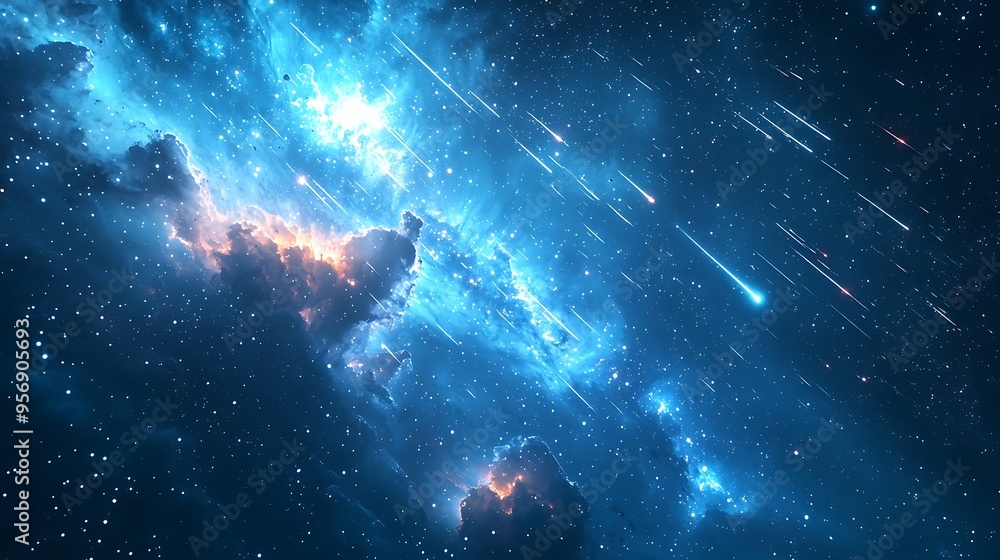 Fototapeta premium A cosmic sky bursts with shooting stars and nebulae, creating a stunning, otherworldly view.