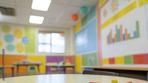 A Colorful Classroom with a Table in the Foreground