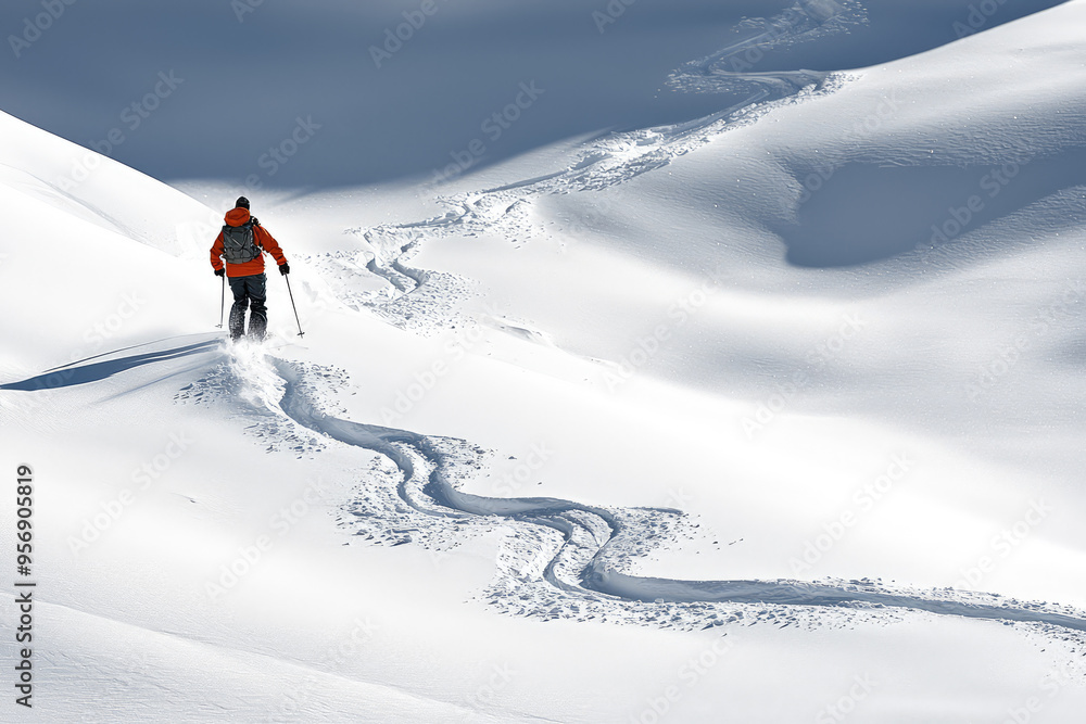 A lone skier carves fresh tracks through pristine powder, leaving a trail of pure exhilaration in the untouched snow. A lone skier carves fresh tracks through pristine powder, leaving a trail of pure exhilaration in the untouched snow.