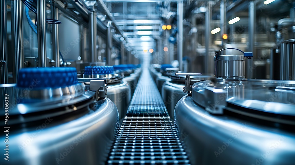 Fototapeta premium A stainless steel conveyor belt system with blue accents moves efficiently in an industrial setting.