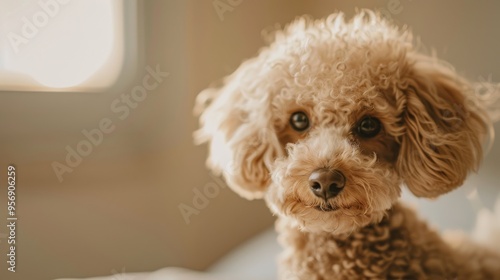 A close-up of a curly-haired brown dog with expressive eyes, basking in soft natural light, exuding warmth and curiosity.