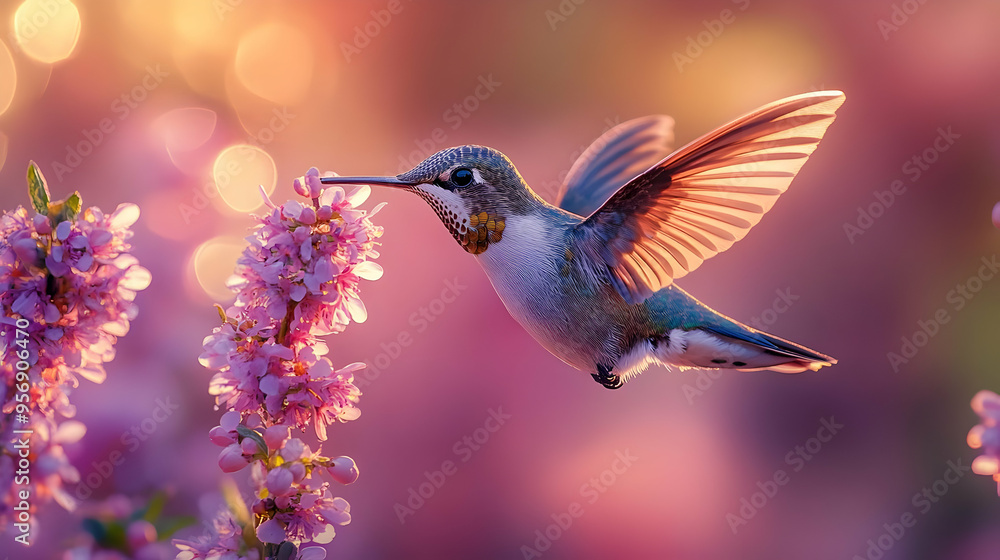 Fototapeta premium Hummingbird in Flight with Pink Flowers - Realistic Image