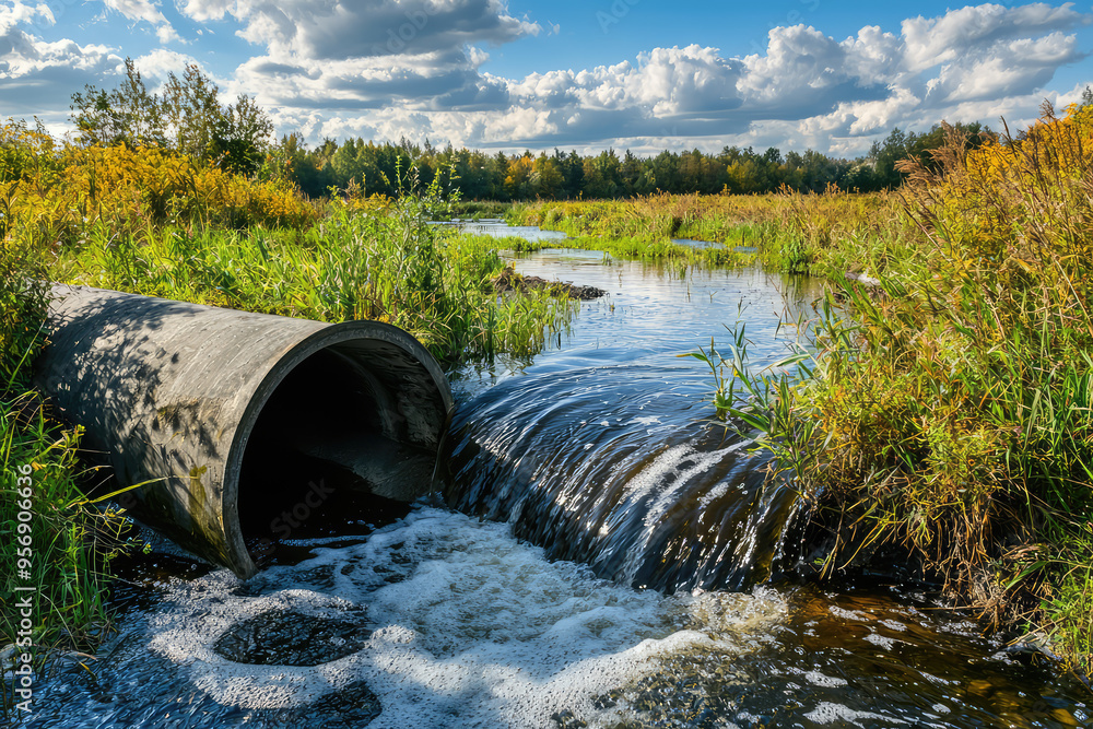 Stormwater Runoff: A Concrete Pipe Empties Into a Lush Meadow Stream Stormwater Runoff: A Concrete Pipe Empties Into a Lush Meadow Stream