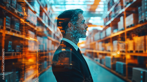 Double exposure Businessman employs machine learning algorithms to predict potential disruptions in the supply chain.