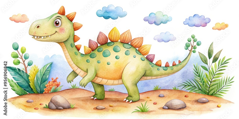 Fototapeta premium cute dinosaur silhouette whimsical hand drawn colorful watercolor illustration playful young adventurous discovery