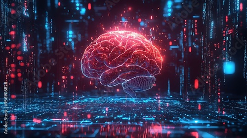 A digital brain network concept represents artificial intelligence, filled with glowing neural connections.