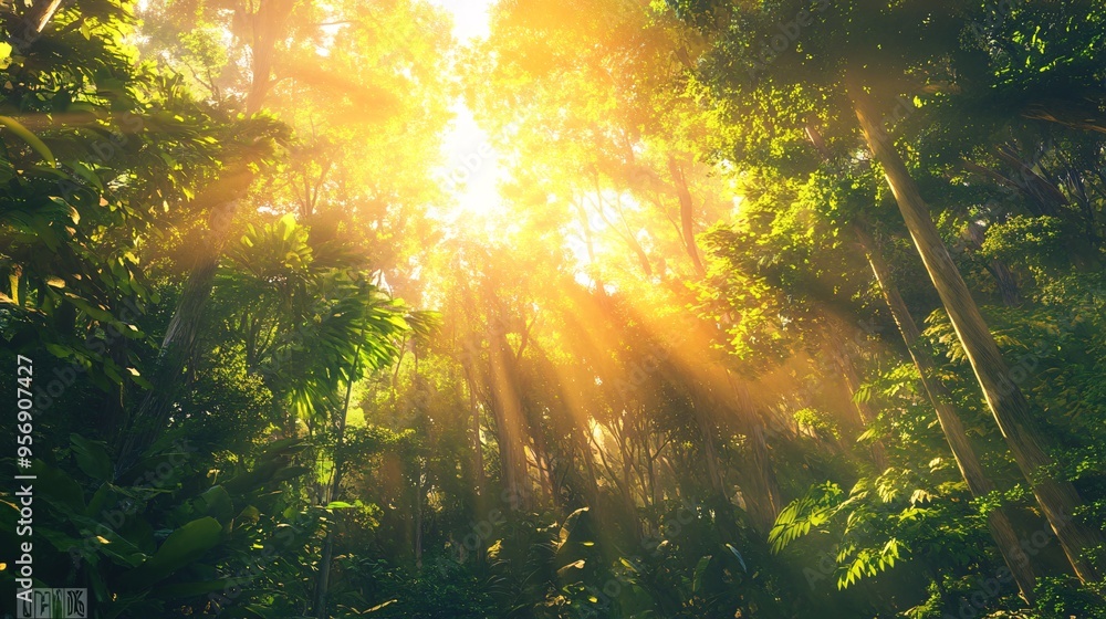 Fototapeta premium Sunlight beams through the lush canopy of a tropical rainforest, creating a magical atmosphere.