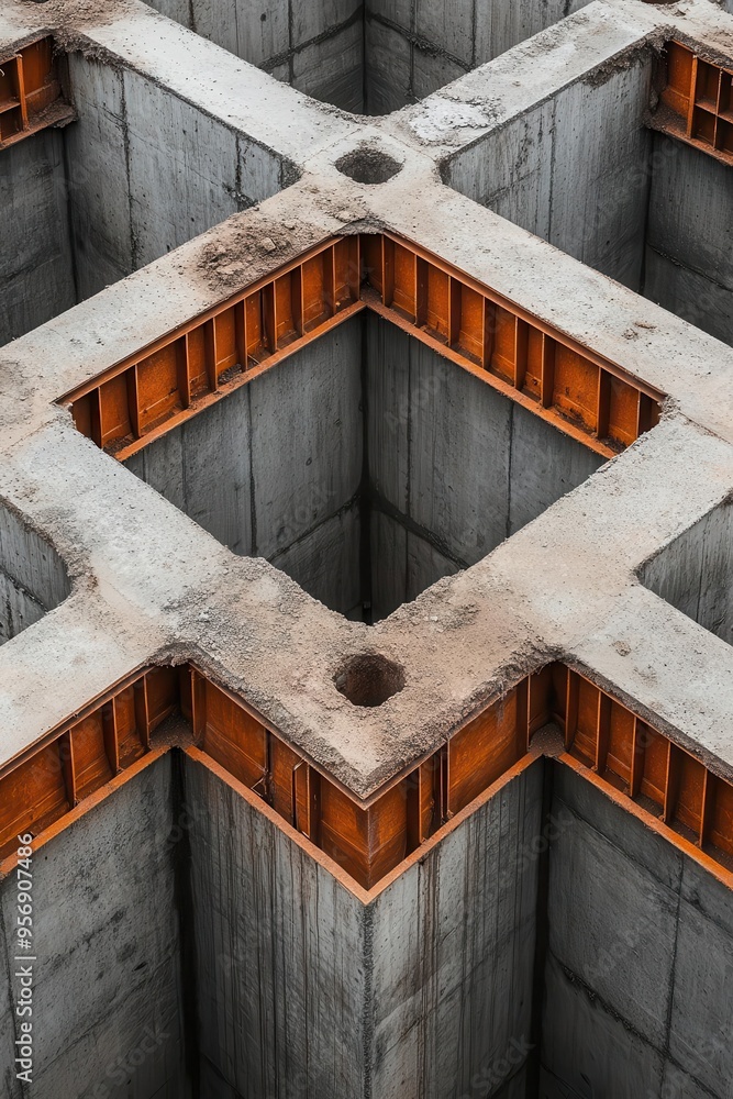 Aerial view of a concrete construction site featuring wooden forms and deep holes, showcasing modern building techniques. Aerial view of a concrete construction site featuring wooden forms and deep holes, showcasing modern building techniques.