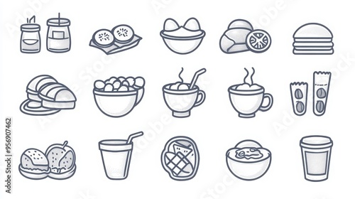 Wallpaper Mural Breakfast thin line icon set. Containing fried eggs, pancakes, waffles, cereal bowl, croissant, bacon, toast with jam, oatmeal, breakfast sandwich, bagel, coffee cup, fruit bowl. Torontodigital.ca