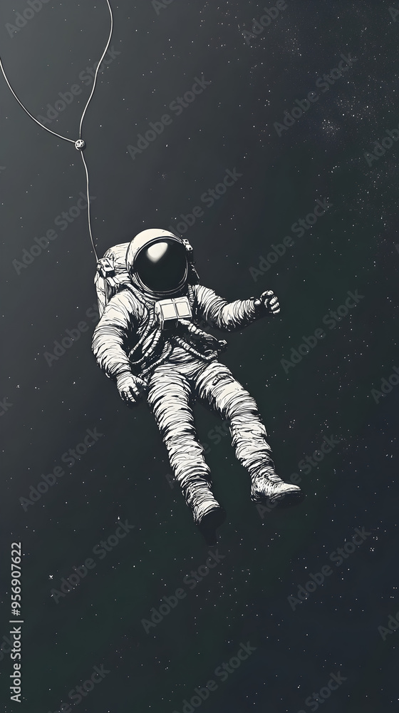 Fototapeta premium A solitary astronaut floating in the vastness, tethered by a single line.