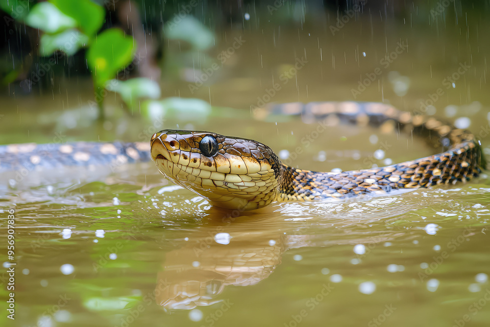 A Venomous Snake Emerges from the Flooded Waters, its Eyes Reflecting the Falling Rain. A Venomous Snake Emerges from the Flooded Waters, its Eyes Reflecting the Falling Rain.