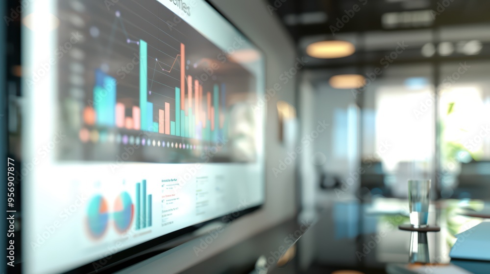Modern office scene showcasing a colorful analytics dashboard on a screen, emphasizing business performance and data visualization. Modern office scene showcasing a colorful analytics dashboard on a screen, emphasizing business performance and data visualization.