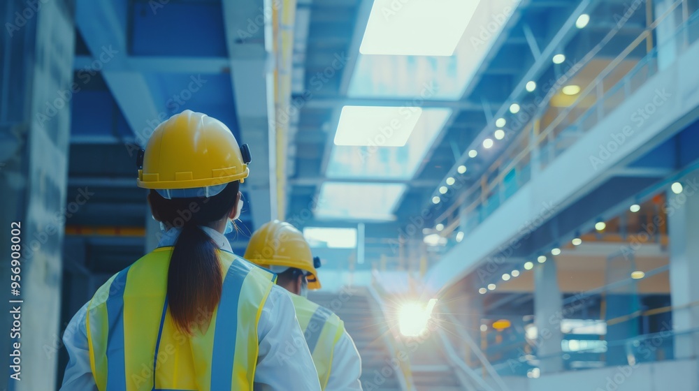 Construction workers, clad in reflective gear and helmets, navigate through a bright, spacious building site. Construction workers, clad in reflective gear and helmets, navigate through a bright, spacious building site.