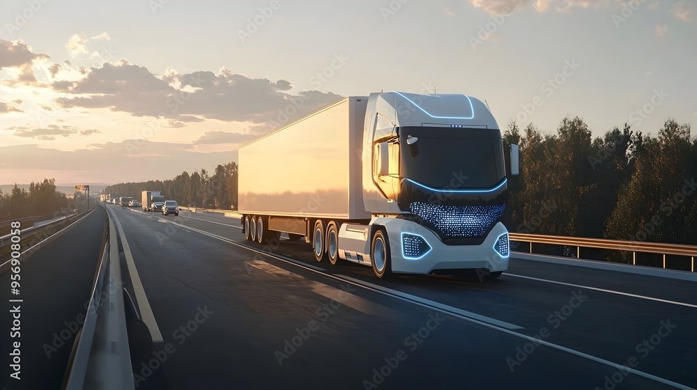 Obraz premium Futuristic Self-Driving Truck on Highway with Active Sensors for Long-Distance Automated Transport