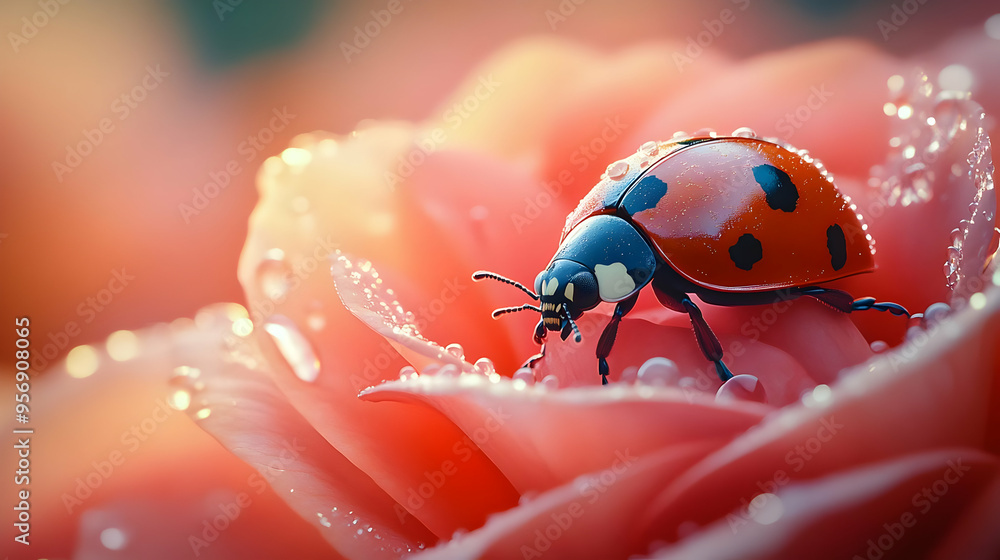 Ladybug on a Dew-Covered Pink Flower - Realistic 3D Illustration Ladybug on a Dew-Covered Pink Flower - Realistic 3D Illustration