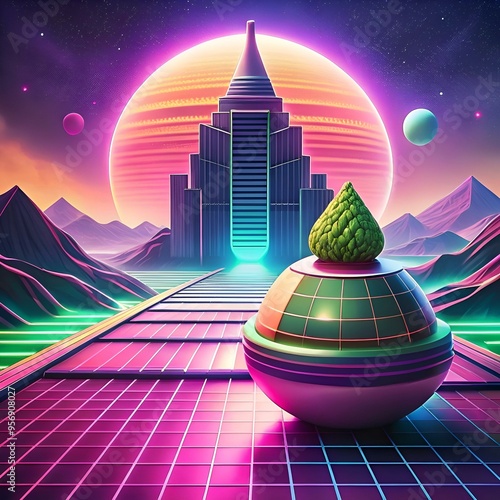 A futuristic cityscape bathed in neon lights and a giant planet in the background. photo