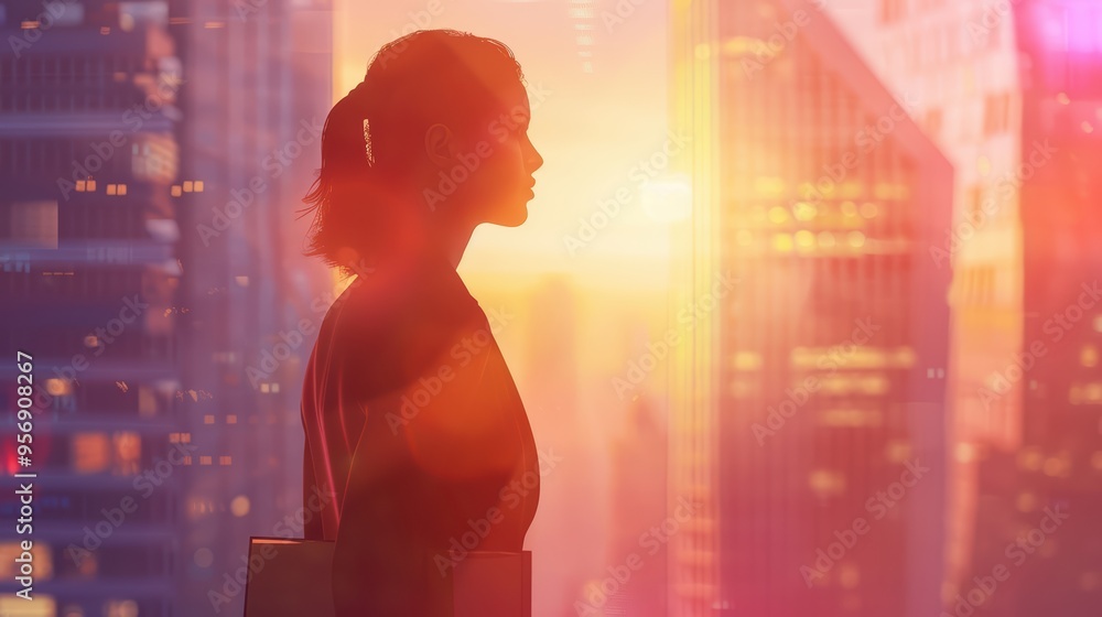 Silhouette of a woman against a vibrant city sunset, capturing a moment of reflection and ambition amidst urban beauty. Silhouette of a woman against a vibrant city sunset, capturing a moment of reflection and ambition amidst urban beauty.