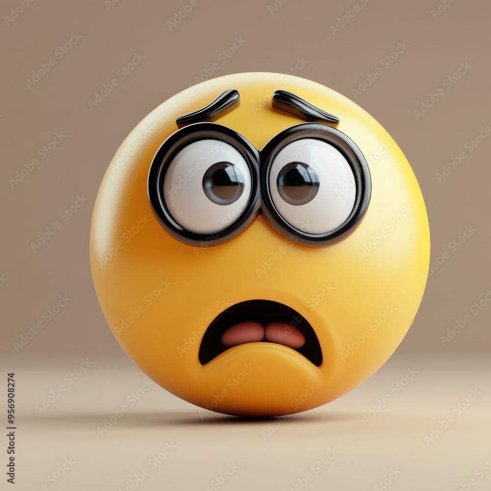 A round yellow emoticon with oversized glasses expresses feelings of worry and concern while sitting against a soft, neutral background, capturing a moment of anxious reflection A round yellow emoticon with oversized glasses expresses feelings of worry and concern while sitting against a soft, neutral background, capturing a moment of anxious reflection