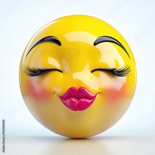 Playful yellow smiley face with bright pink lips and long eyelashes exudes charm, inviting joy and cheerfulness in a whimsical, bright setting photo