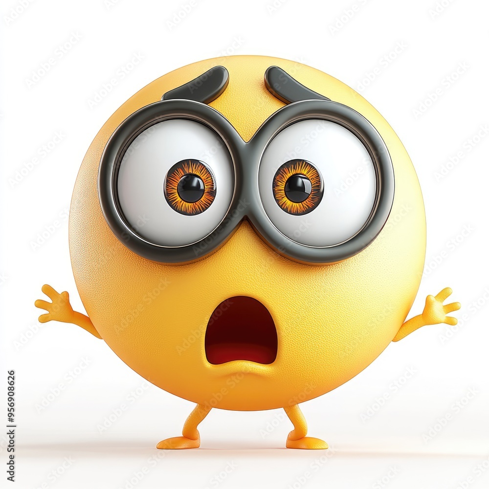 Obraz premium A surprised yellow emoticon with exaggerated features, depicting shock and amazement in a bright, minimalistic setting