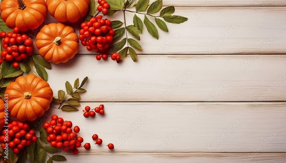Pumpkins and rowan berries on white boards. Autumn background with place for text Pumpkins and rowan berries on white boards. Autumn background with place for text