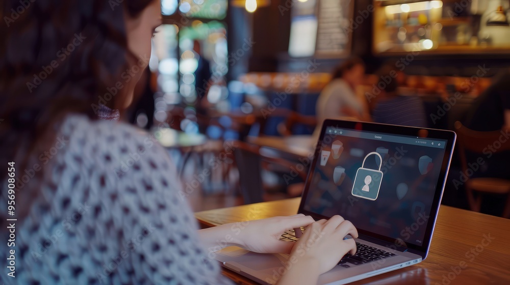 A woman in a bustling caf?(C), her focus on a laptop screen that prominently features a Privacy Lock icon, representing personal security in public places. A woman in a bustling caf?(C), her focus on a laptop screen that prominently features a Privacy Lock icon, representing personal security in public places.