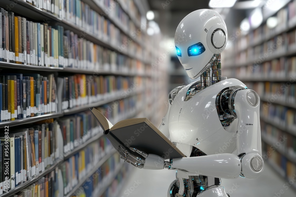 High-Tech Library with Humanoid Robot Studying Books and Digital Screens with Copy Space High-Tech Library with Humanoid Robot Studying Books and Digital Screens with Copy Space