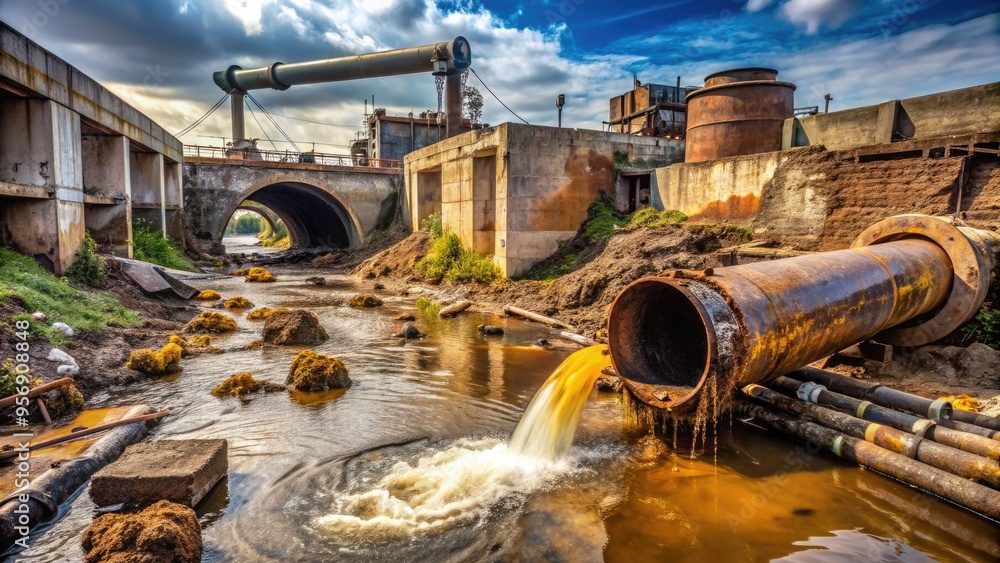 Polluted wastewater flows through a grimy, industrial pipe, surrounded ...