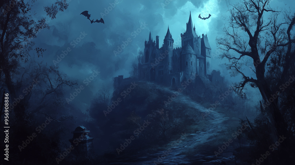 Creepy Castle on a Hill surrounded by a dark forest with thunder , halloween background concept. Creepy Castle on a Hill surrounded by a dark forest with thunder , halloween background concept.