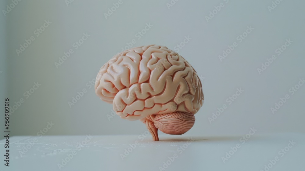 A detailed human brain model placed on a neutral-colored surface, showcasing its intricate structure in a clinical setting. A detailed human brain model placed on a neutral-colored surface, showcasing its intricate structure in a clinical setting.