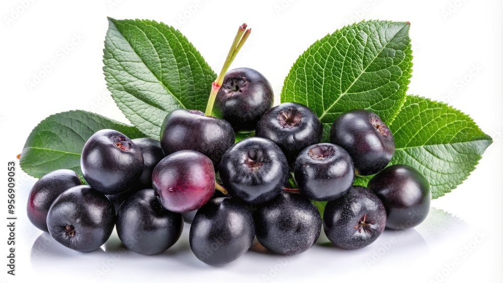 Dark purple black chokeberry fruit isolated on a white background, with vibrant green leaves and delicate stems, showcasing the fruit's intricate details. Dark purple black chokeberry fruit isolated on a white background, with vibrant green leaves and delicate stems, showcasing the fruit's intricate details.