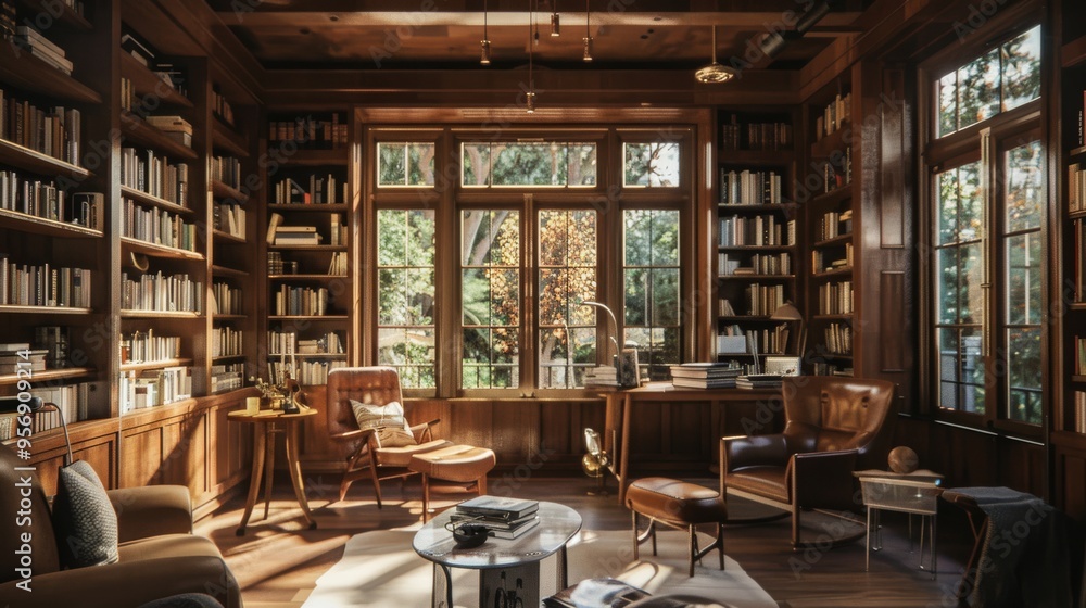 Spacious library with floor-to-ceiling windows, filled with books and featuring a mix of modern and vintage furniture. Spacious library with floor-to-ceiling windows, filled with books and featuring a mix of modern and vintage furniture.